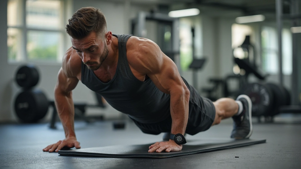 مدرب لياقة بدنية يوضح تمرين الضغط الصحيح في صالة تدريب حديثة الطراز