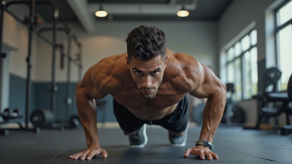 مدرب لياقة بدنية يوضح تمرين الضغط في صالة حديثة