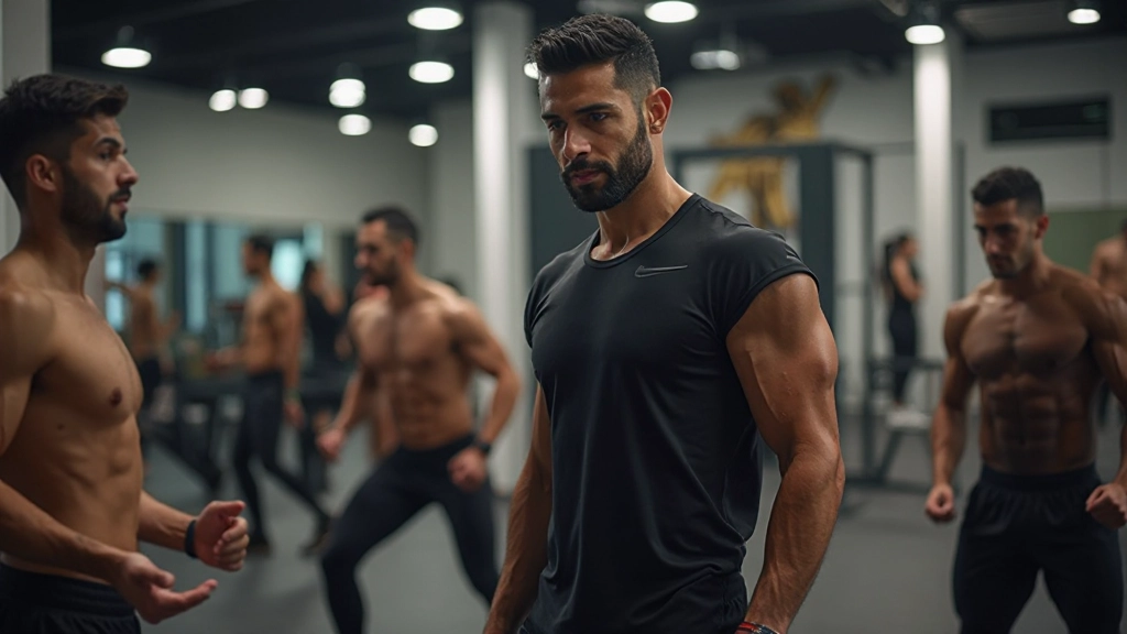 مدرب لياقة بدنية محترف يقود جلسة تدريب في صالة حديثة مع مجموعة من الرياضيين
